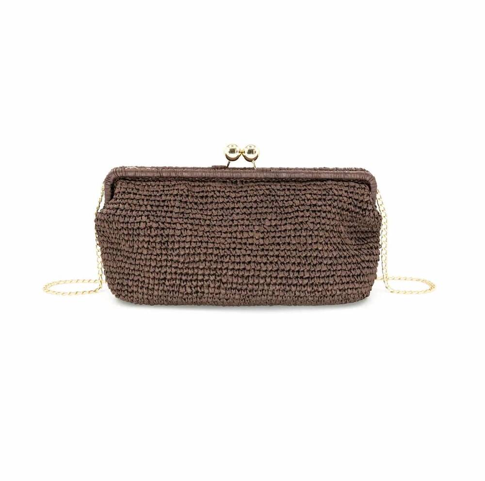 NEW BC HANDBAGS women's raffia kiss lock clutch bag in chocolate